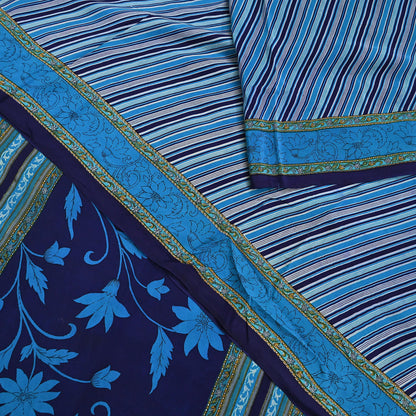 Indian Vintage Blue Saree Pure Crepe Silk Printed Sari Craft Fabric 5yd Sewing Abstract Soft Craft Fabric Wrap Dress making