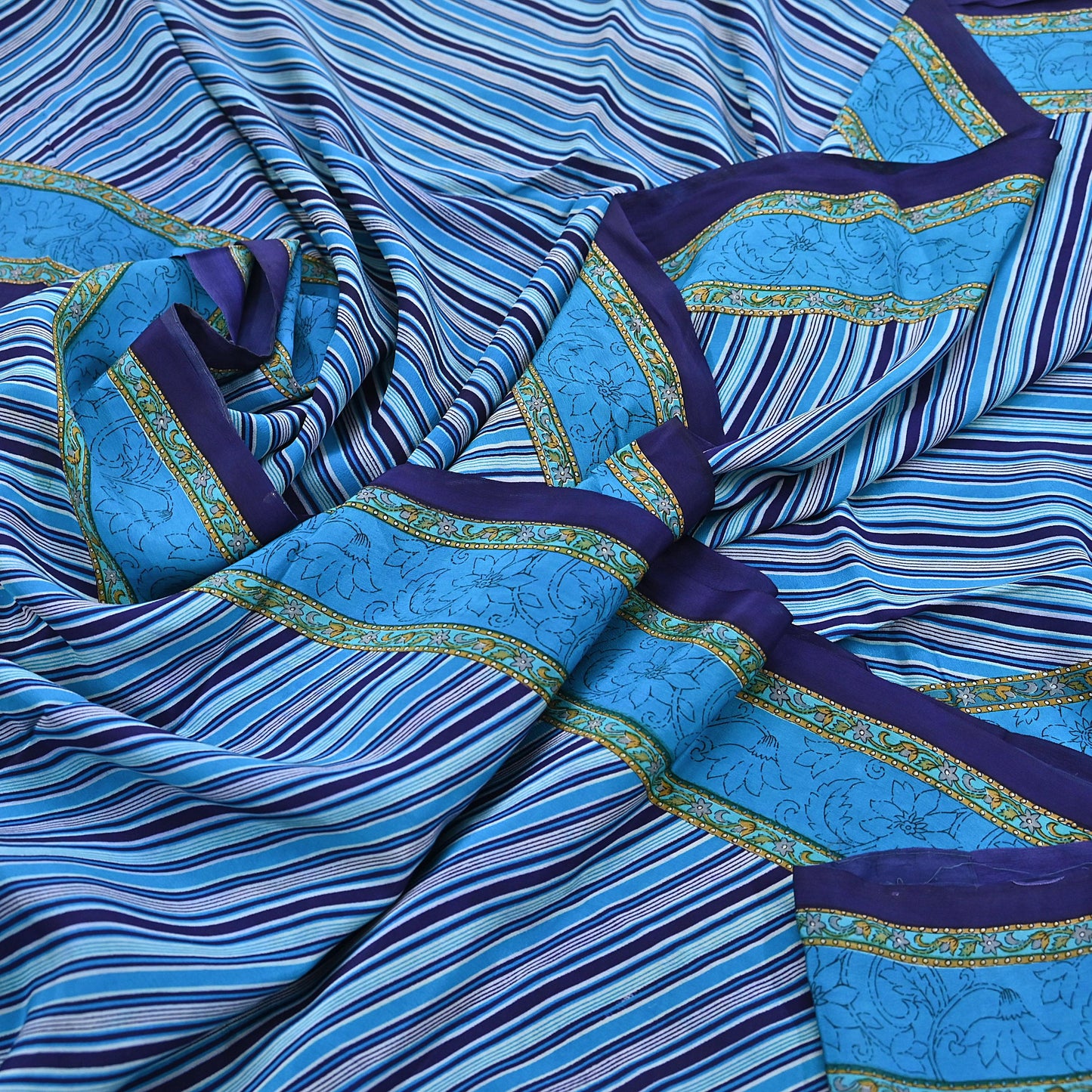 Indian Vintage Blue Saree Pure Crepe Silk Printed Sari Craft Fabric 5yd Sewing Abstract Soft Craft Fabric Wrap Dress making