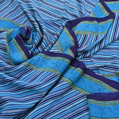 Indian Vintage Blue Saree Pure Crepe Silk Printed Sari Craft Fabric 5yd Sewing Abstract Soft Craft Fabric Wrap Dress making