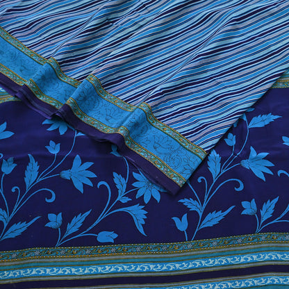 Indian Vintage Blue Saree Pure Crepe Silk Printed Sari Craft Fabric 5yd Sewing Abstract Soft Craft Fabric Wrap Dress making