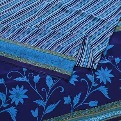 Indian Vintage Blue Saree Pure Crepe Silk Printed Sari Craft Fabric 5yd Sewing Abstract Soft Craft Fabric Wrap Dress making