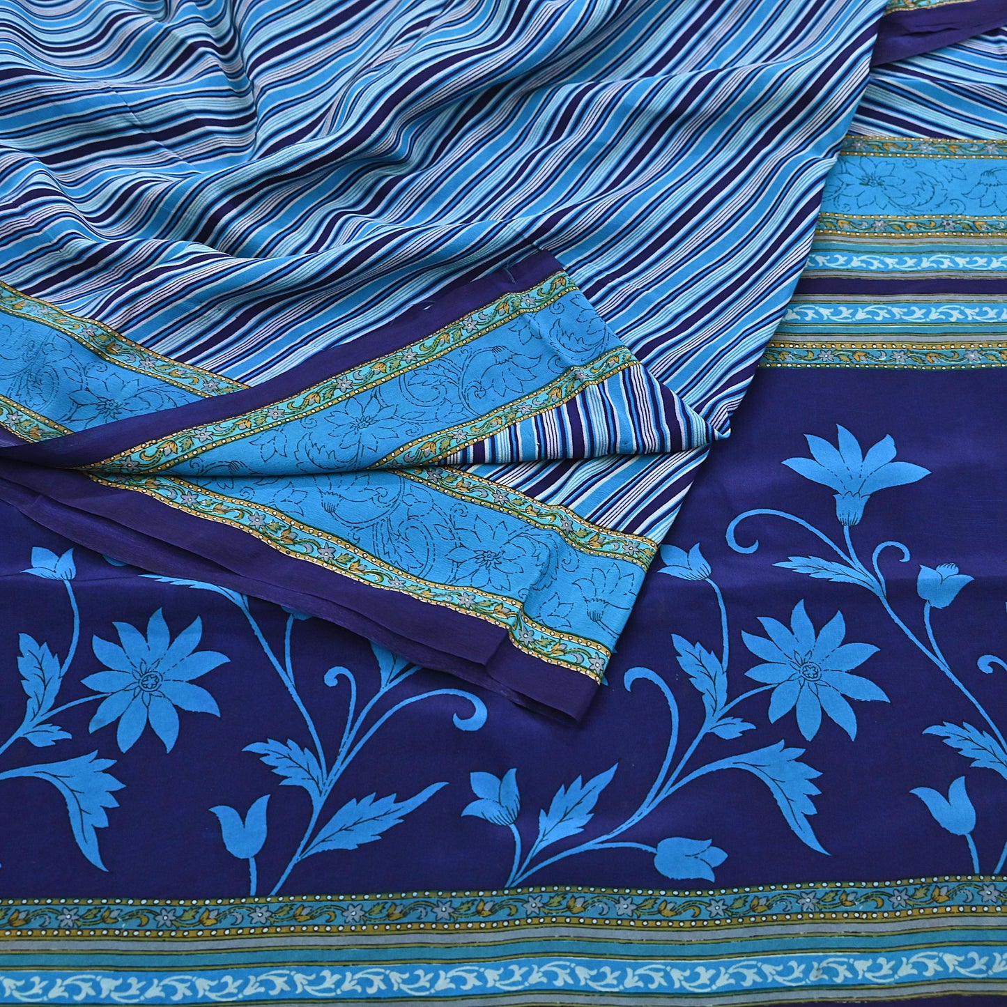 Indian Vintage Blue Saree Pure Crepe Silk Printed Sari Craft Fabric 5yd Sewing Abstract Soft Craft Fabric Wrap Dress making