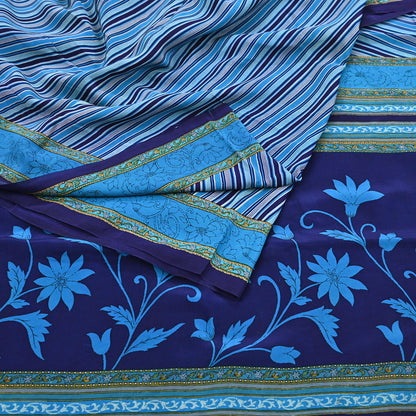 Indian Vintage Blue Saree Pure Crepe Silk Printed Sari Craft Fabric 5yd Sewing Abstract Soft Craft Fabric Wrap Dress making
