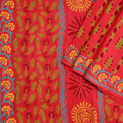 Indian Vintage Sari Red Pure Crepe Silk Printed Saree 6yard Sewing Quilting Floral Soft Craft Fabric Wrap