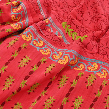 Indian Vintage Sari Red Pure Crepe Silk Printed Saree 6yard Sewing Quilting Floral Soft Craft Fabric Wrap