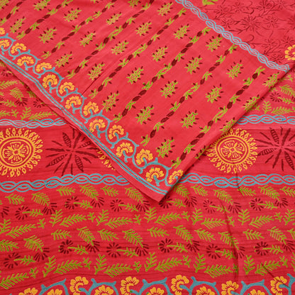 Indian Vintage Sari Red Pure Crepe Silk Printed Saree 6yard Sewing Quilting Floral Soft Craft Fabric Wrap