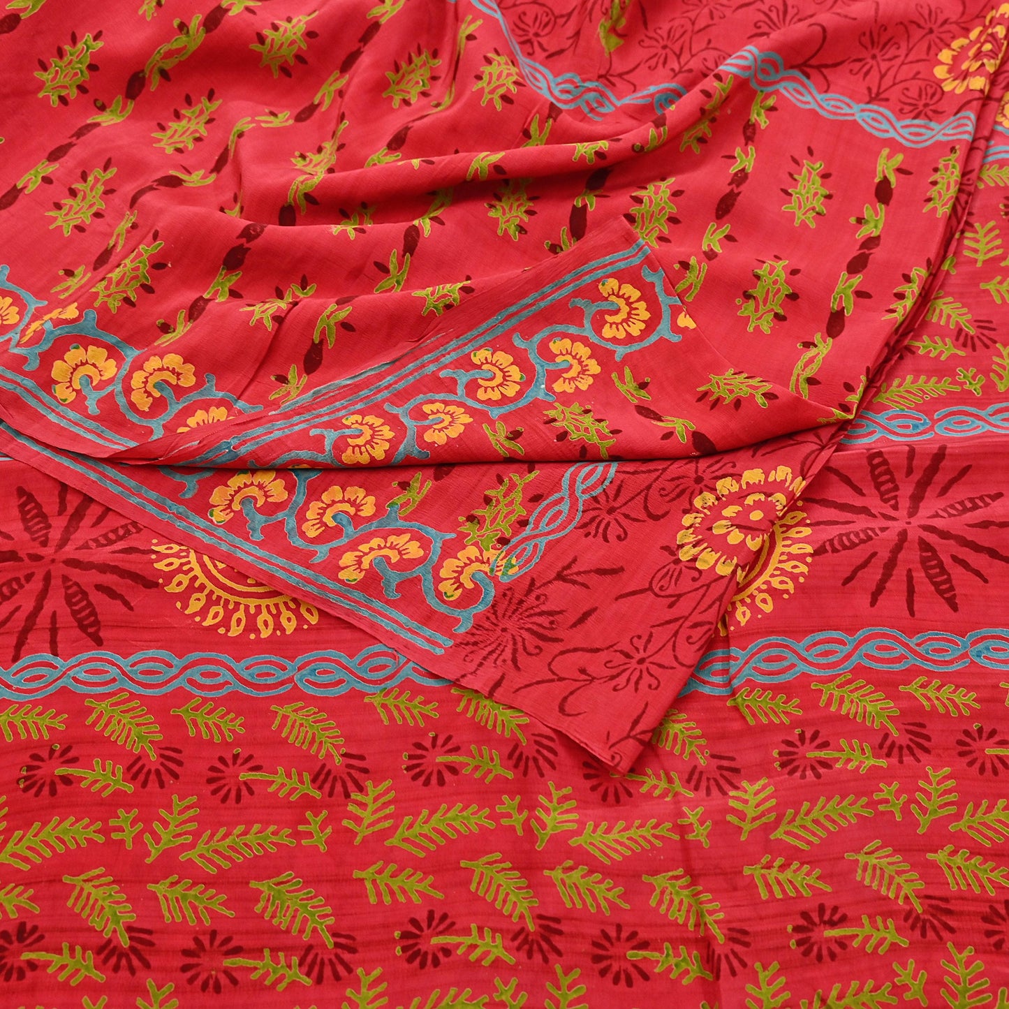 Indian Vintage Sari Red Pure Crepe Silk Printed Saree 6yard Sewing Quilting Floral Soft Craft Fabric Wrap