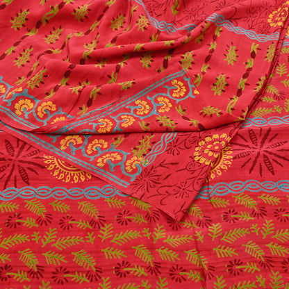 Indian Vintage Sari Red Pure Crepe Silk Printed Saree 6yard Sewing Quilting Floral Soft Craft Fabric Wrap