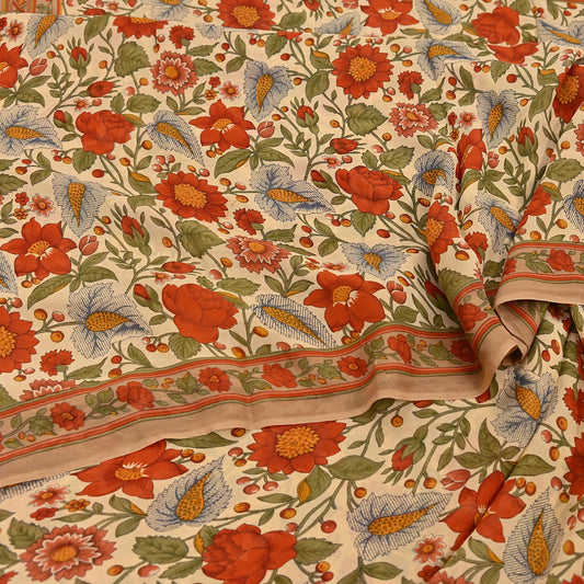 Indian Vintage Sari Beige Pure Georgette Silk Printed Sarees 5Yd Craft Fabric Sewing Quilting Dress making Crafting Quilting Upcycle