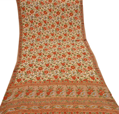Indian Vintage Sari Beige Pure Georgette Silk Printed Sarees 5Yd Craft Fabric Sewing Quilting Dress making Crafting Quilting Upcycle