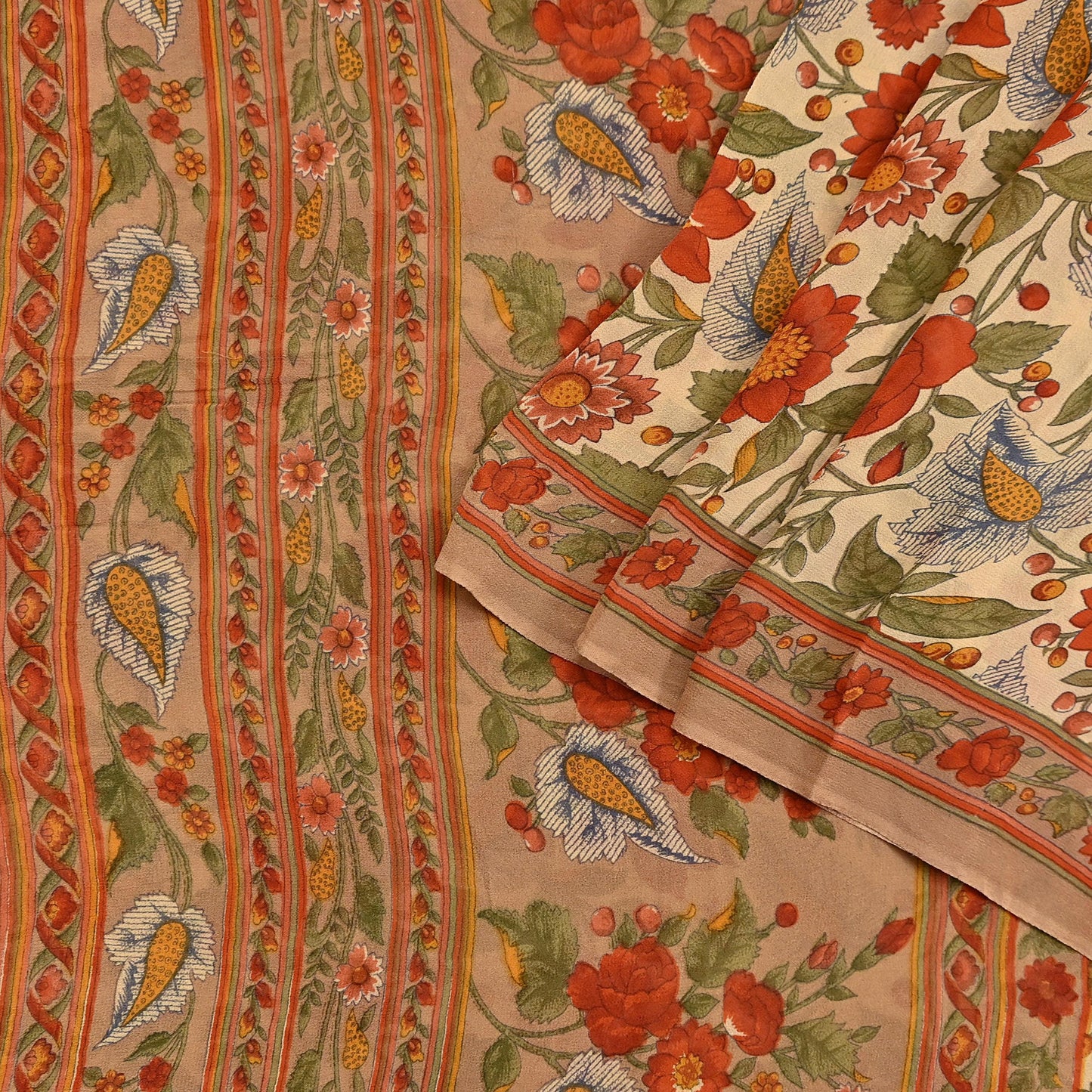 Indian Vintage Sari Beige Pure Georgette Silk Printed Sarees 5Yd Craft Fabric Sewing Quilting Dress making Crafting Quilting Upcycle