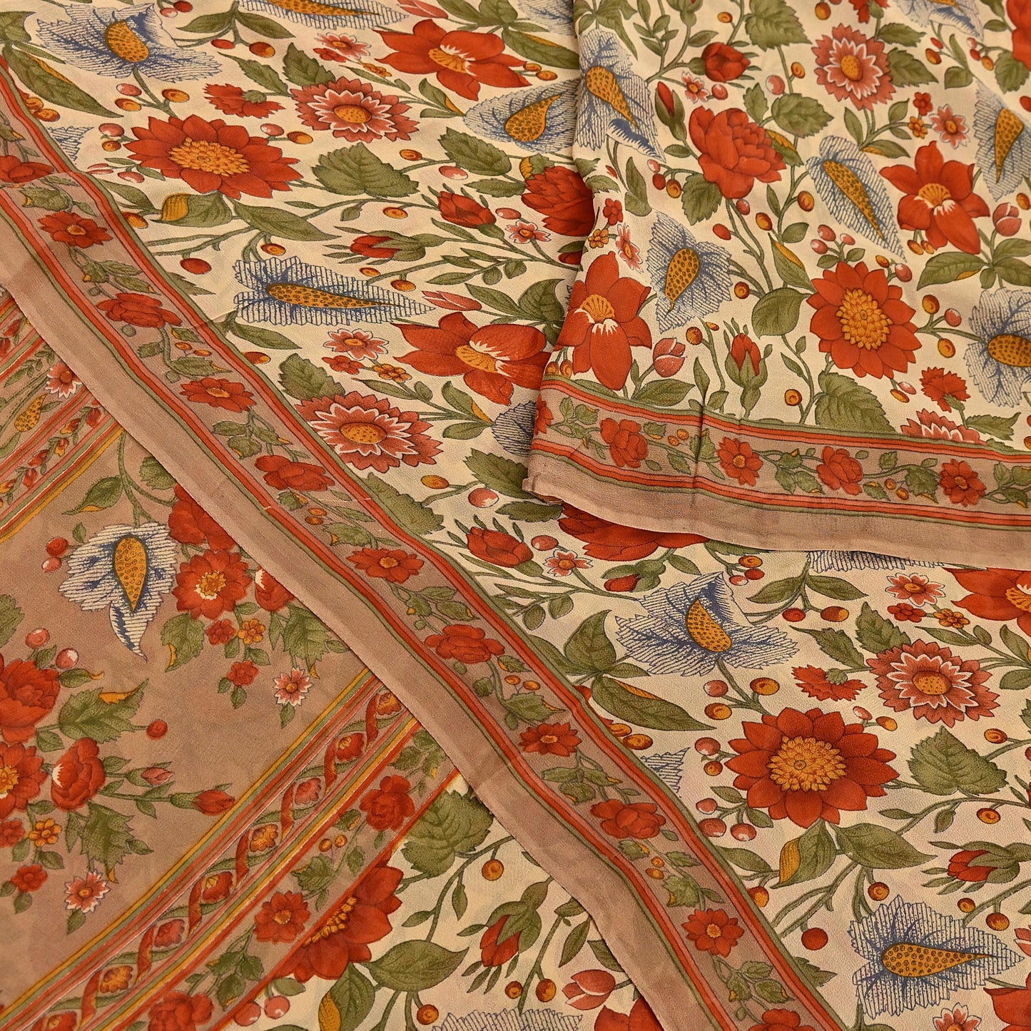 Indian Vintage Sari Beige Pure Georgette Silk Printed Sarees 5Yd Craft Fabric Sewing Quilting Dress making Crafting Quilting Upcycle