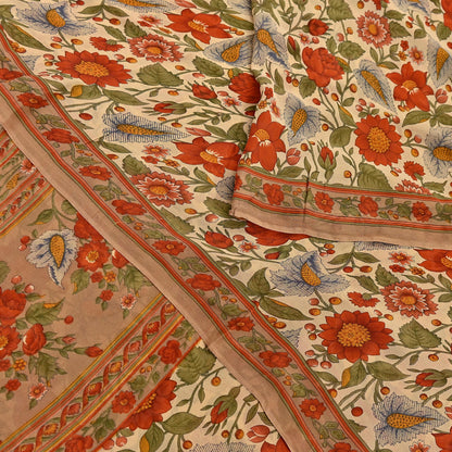 Indian Vintage Sari Beige Pure Georgette Silk Printed Sarees 5Yd Craft Fabric Sewing Quilting Dress making Crafting Quilting Upcycle