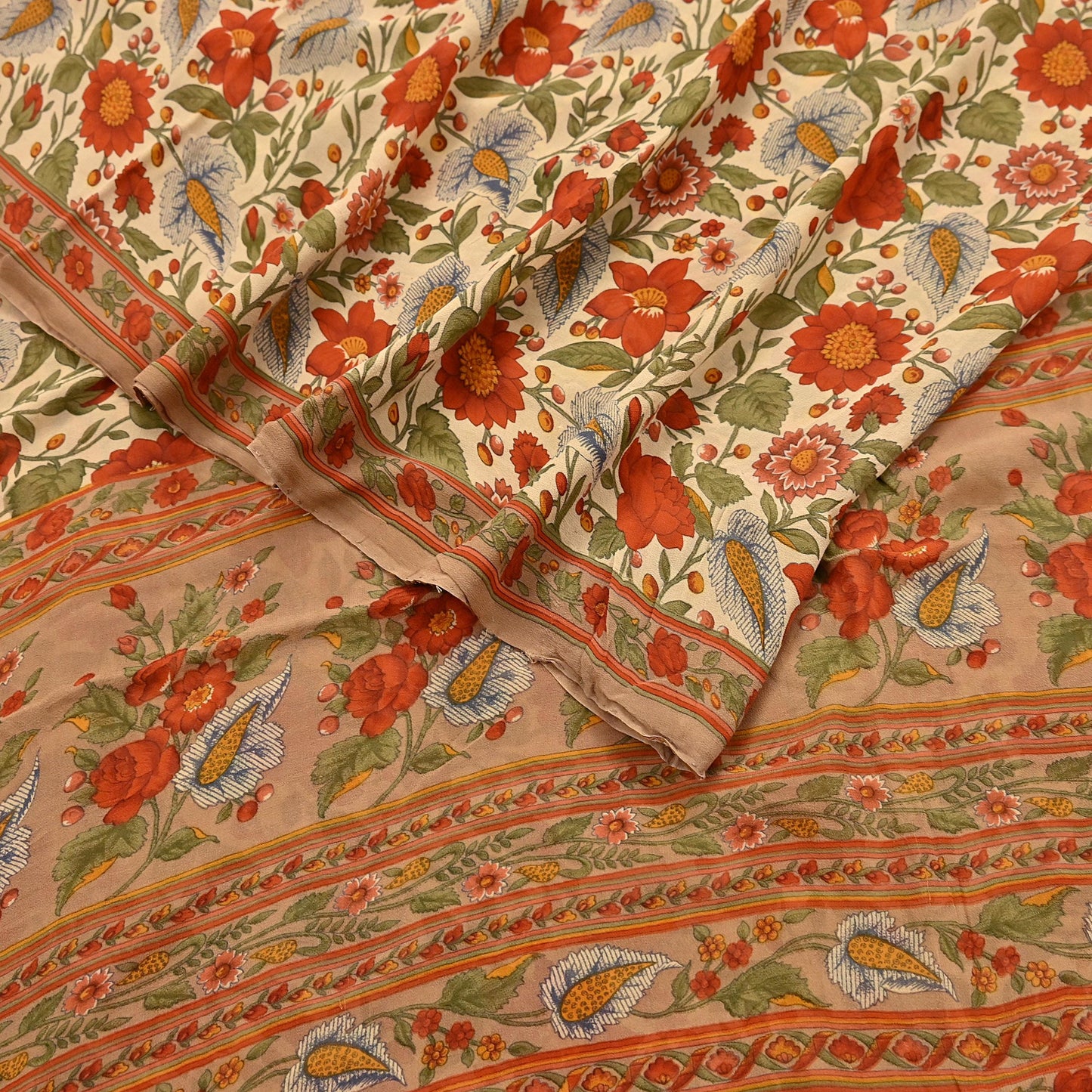 Indian Vintage Sari Beige Pure Georgette Silk Printed Sarees 5Yd Craft Fabric Sewing Quilting Dress making Crafting Quilting Upcycle