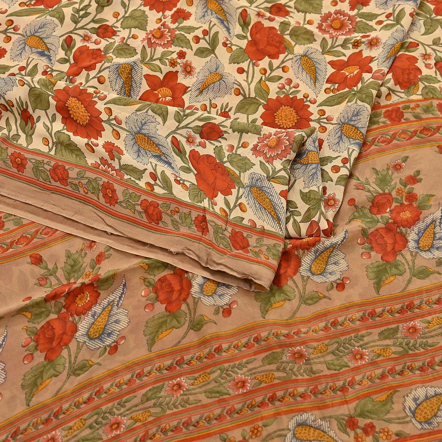 Indian Vintage Sari Beige Pure Georgette Silk Printed Sarees 5Yd Craft Fabric Sewing Quilting Dress making Crafting Quilting Upcycle