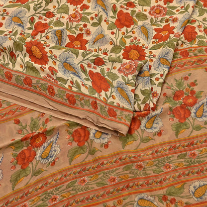 Indian Vintage Sari Beige Pure Georgette Silk Printed Sarees 5Yd Craft Fabric Sewing Quilting Dress making Crafting Quilting Upcycle