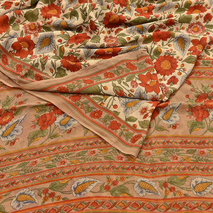 Indian Vintage Sari Beige Pure Georgette Silk Printed Sarees 5Yd Craft Fabric Sewing Quilting Dress making Crafting Quilting Upcycle