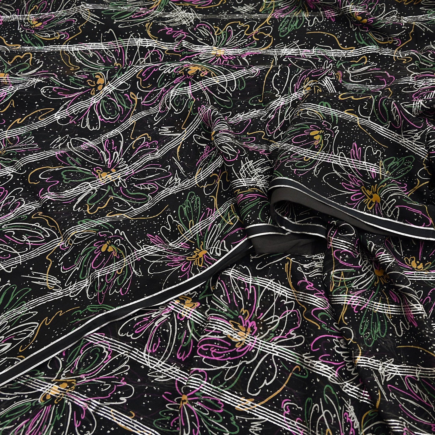 Indian Vintage Black Saree 100% Pure Georgette Silk Printed Sari Sewing 5yd Craft Soft Dress Designing for Crafting Abstrac
