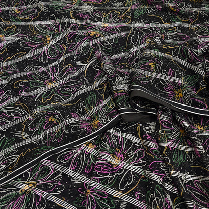 Indian Vintage Black Saree 100% Pure Georgette Silk Printed Sari Sewing 5yd Craft Soft Dress Designing for Crafting Abstrac