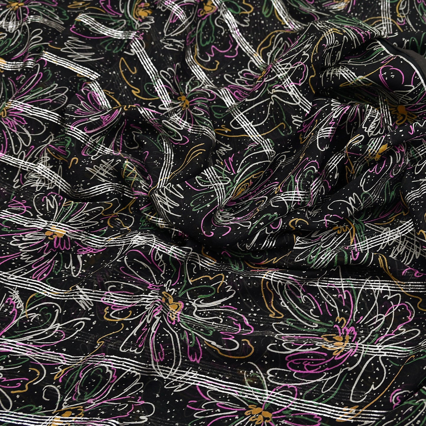 Indian Vintage Black Saree 100% Pure Georgette Silk Printed Sari Sewing 5yd Craft Soft Dress Designing for Crafting Abstrac