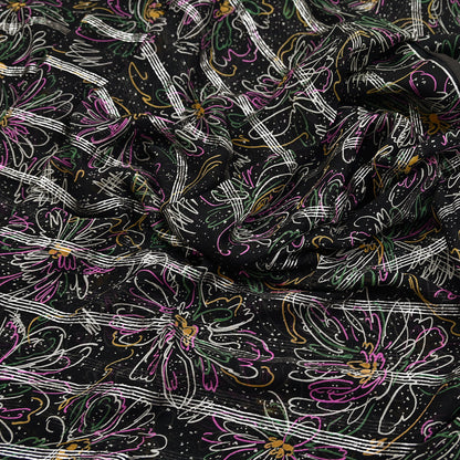 Indian Vintage Black Saree 100% Pure Georgette Silk Printed Sari Sewing 5yd Craft Soft Dress Designing for Crafting Abstrac