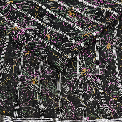 Indian Vintage Black Saree 100% Pure Georgette Silk Printed Sari Sewing 5yd Craft Soft Dress Designing for Crafting Abstrac