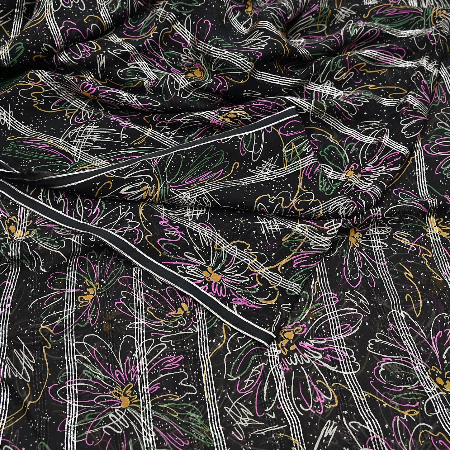 Indian Vintage Black Saree 100% Pure Georgette Silk Printed Sari Sewing 5yd Craft Soft Dress Designing for Crafting Abstrac