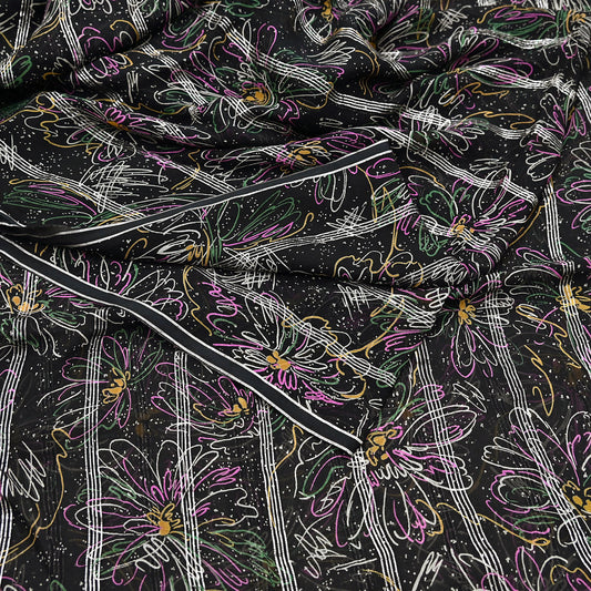 Indian Vintage Black Saree 100% Pure Georgette Silk Printed Sari Sewing 5yd Craft Soft Dress Designing for Crafting Abstrac