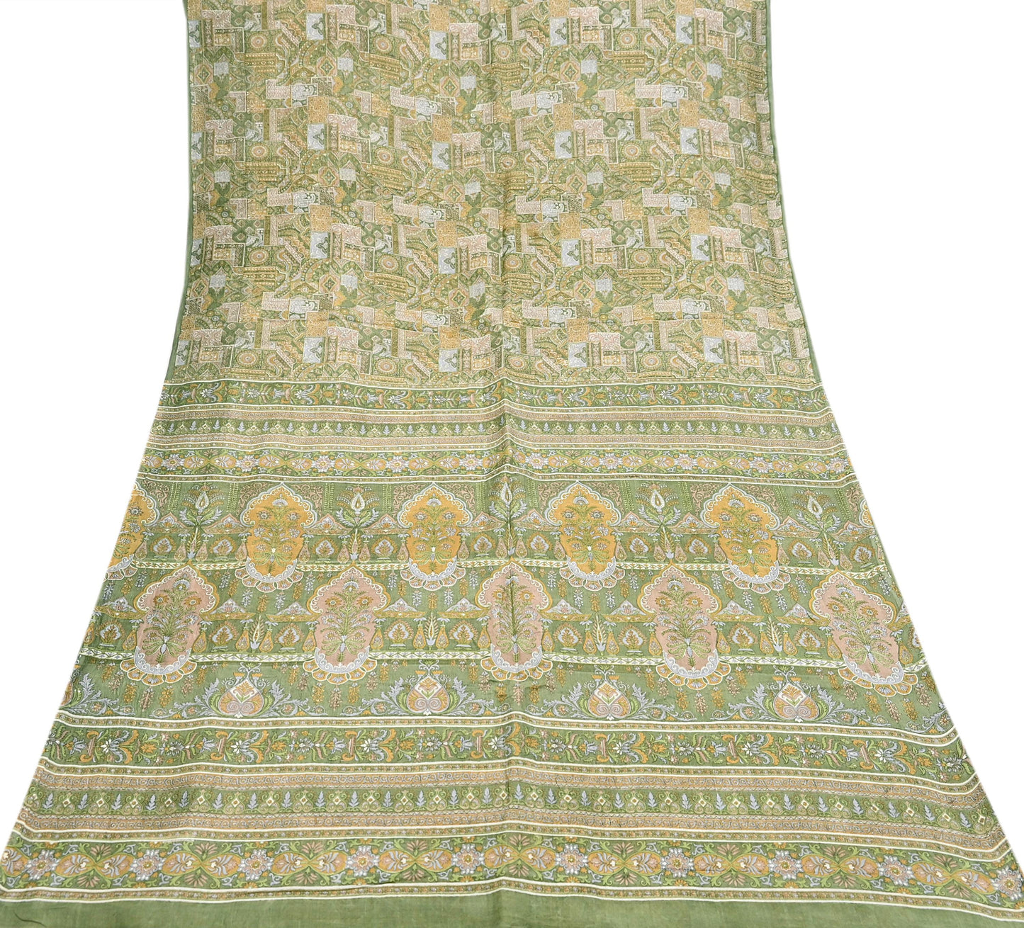 Indian Vintage Sari Green Pure Silk Printed Sarees Craft Fabric 6yd Sewing Dress Making Soft Floral Crafting Quilting Upcycle