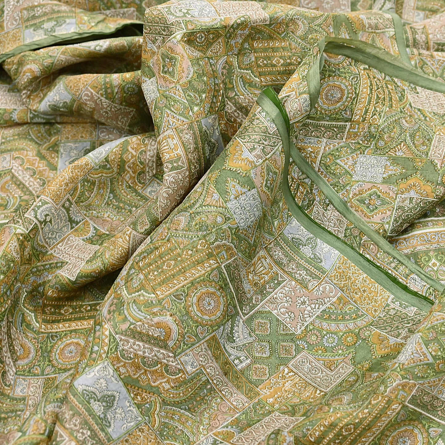 Indian Vintage Sari Green Pure Silk Printed Sarees Craft Fabric 6yd Sewing Dress Making Soft Floral Crafting Quilting Upcycle
