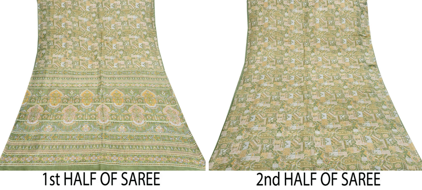 Indian Vintage Sari Green Pure Silk Printed Sarees Craft Fabric 6yd Sewing Dress Making Soft Floral Crafting Quilting Upcycle