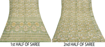Indian Vintage Sari Green Pure Silk Printed Sarees Craft Fabric 6yd Sewing Dress Making Soft Floral Crafting Quilting Upcycle