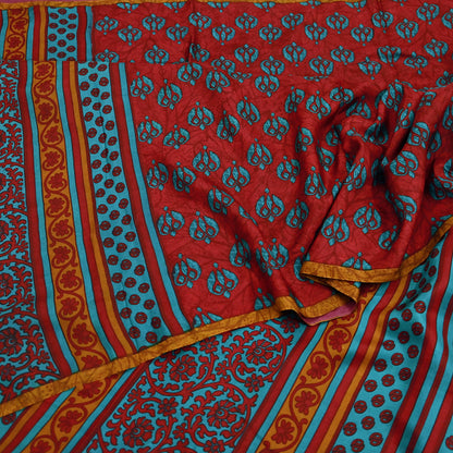 Indian Vintage Red & Green Pure Silk Printed Saree 5Yards Soft Floral Fabric for Dressmaking, Quilting, Crafting, Sewing, Dress Making