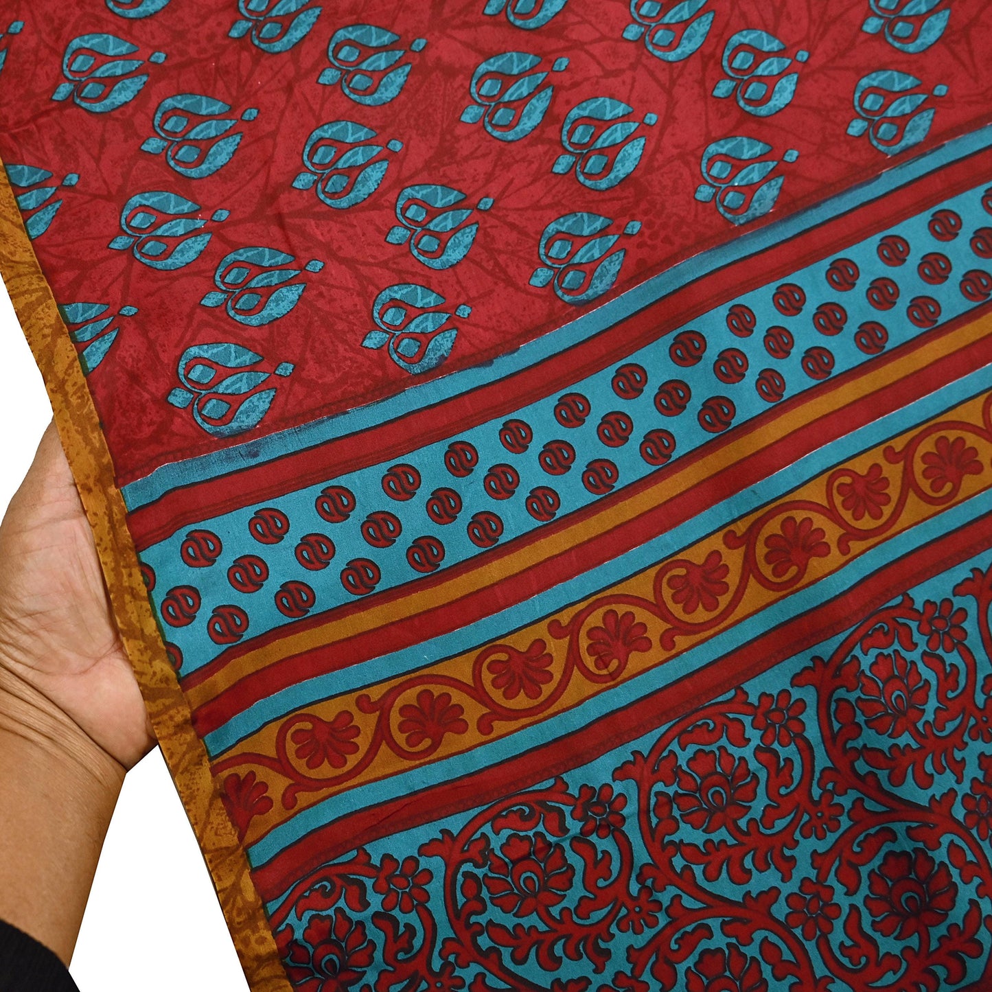 Indian Vintage Red & Green Pure Silk Printed Saree 5Yards Soft Floral Fabric for Dressmaking, Quilting, Crafting, Sewing, Dress Making
