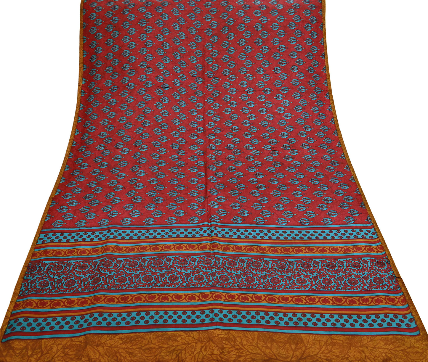 Indian Vintage Red & Green Pure Silk Printed Saree 5Yards Soft Floral Fabric for Dressmaking, Quilting, Crafting, Sewing, Dress Making