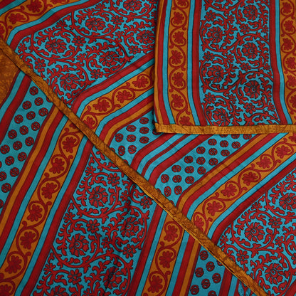 Indian Vintage Red & Green Pure Silk Printed Saree 5Yards Soft Floral Fabric for Dressmaking, Quilting, Crafting, Sewing, Dress Making