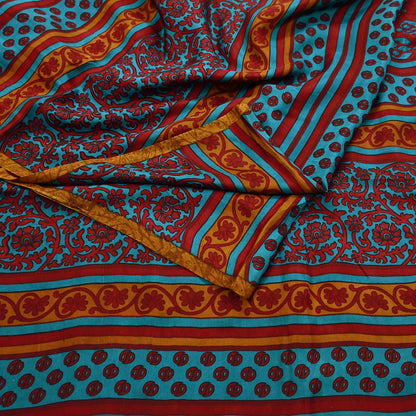 Indian Vintage Red & Green Pure Silk Printed Saree 5Yards Soft Floral Fabric for Dressmaking, Quilting, Crafting, Sewing, Dress Making