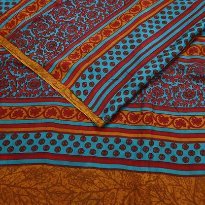 Indian Vintage Red & Green Pure Silk Printed Saree 5Yards Soft Floral Fabric for Dressmaking, Quilting, Crafting, Sewing, Dress Making