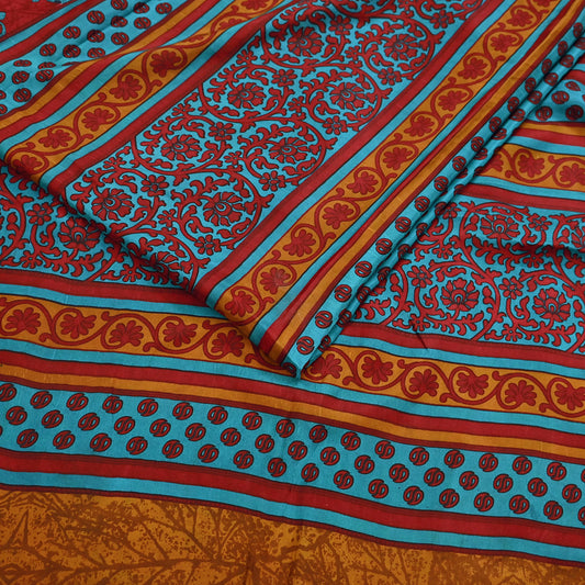 Indian Vintage Red & Green Pure Silk Printed Saree 5Yards Soft Floral Fabric for Dressmaking, Quilting, Crafting, Sewing, Dress Making