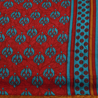 Indian Vintage Red & Green Pure Silk Printed Saree 5Yards Soft Floral Fabric for Dressmaking, Quilting, Crafting, Sewing, Dress Making