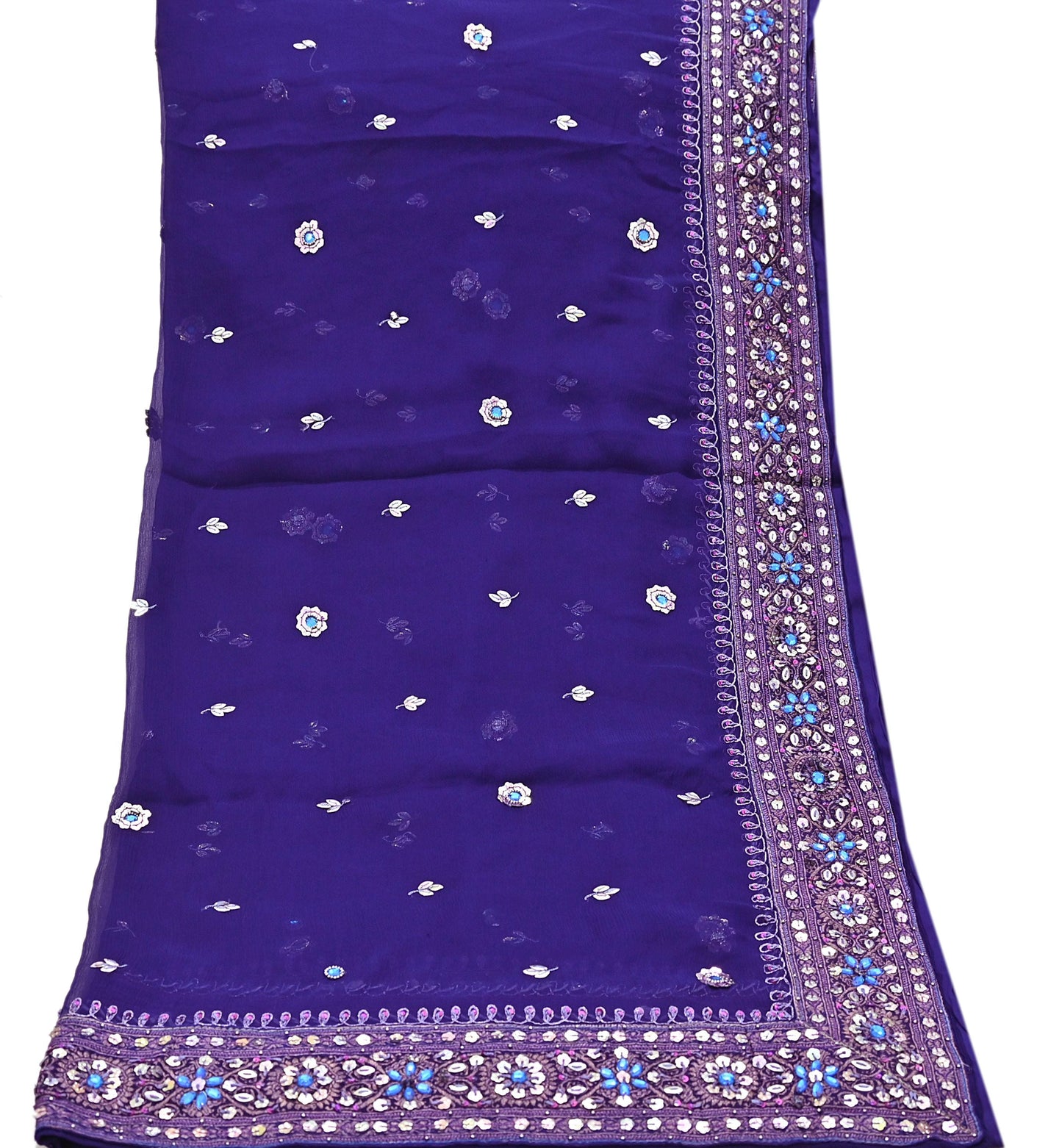 Indian Vintage Blue Dupatta Pure Chiffon silk Long Stole Hand Embroidered Scarves Floral Stole Veil Wrap