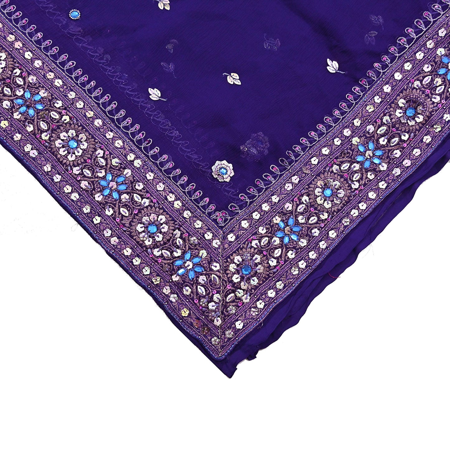 Indian Vintage Blue Dupatta Pure Chiffon silk Long Stole Hand Embroidered Scarves Floral Stole Veil Wrap