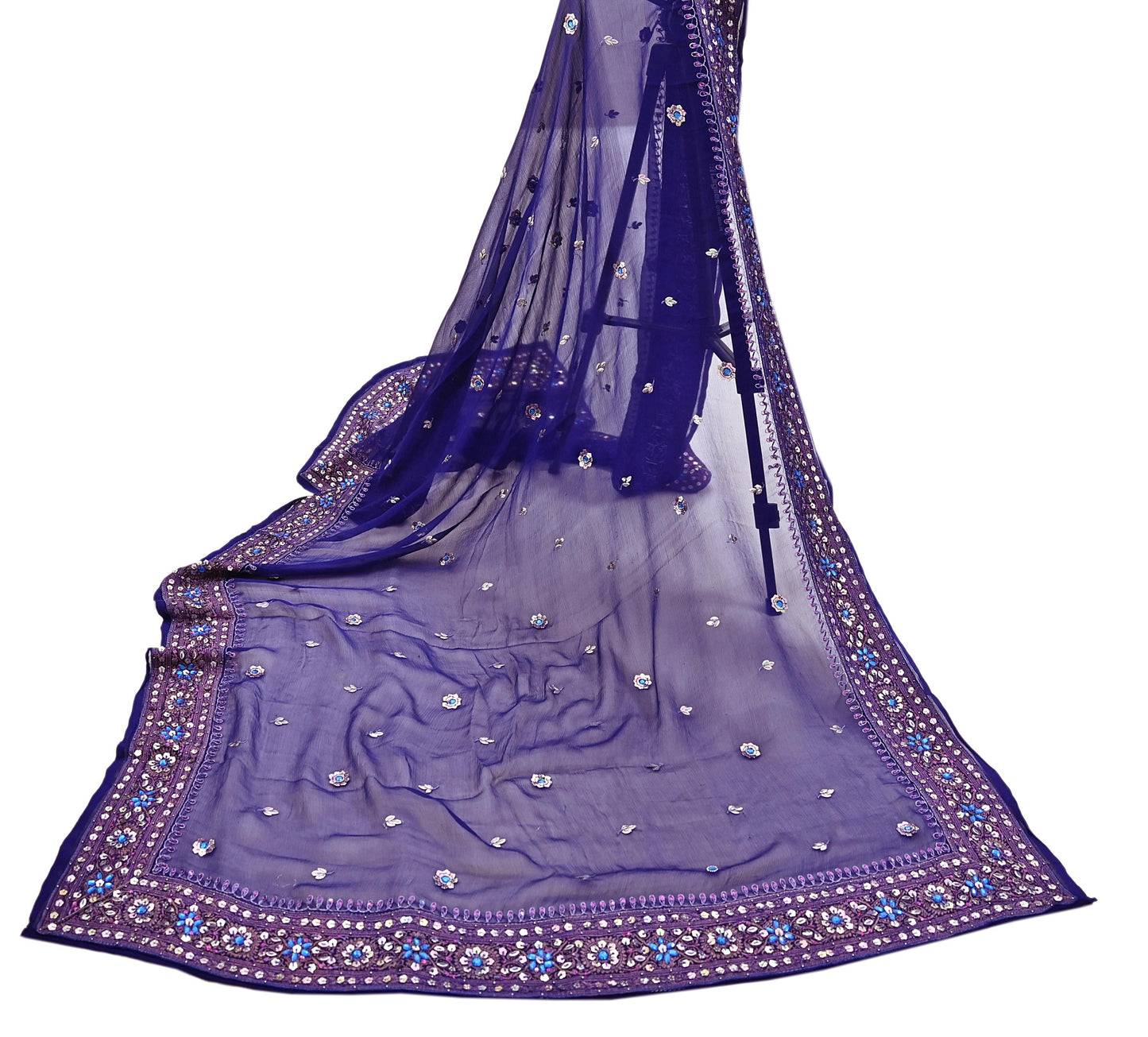 Indian Vintage Blue Dupatta Pure Chiffon silk Long Stole Hand Embroidered Scarves Floral Stole Veil Wrap