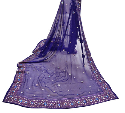 Indian Vintage Blue Dupatta Pure Chiffon silk Long Stole Hand Embroidered Scarves Floral Stole Veil Wrap