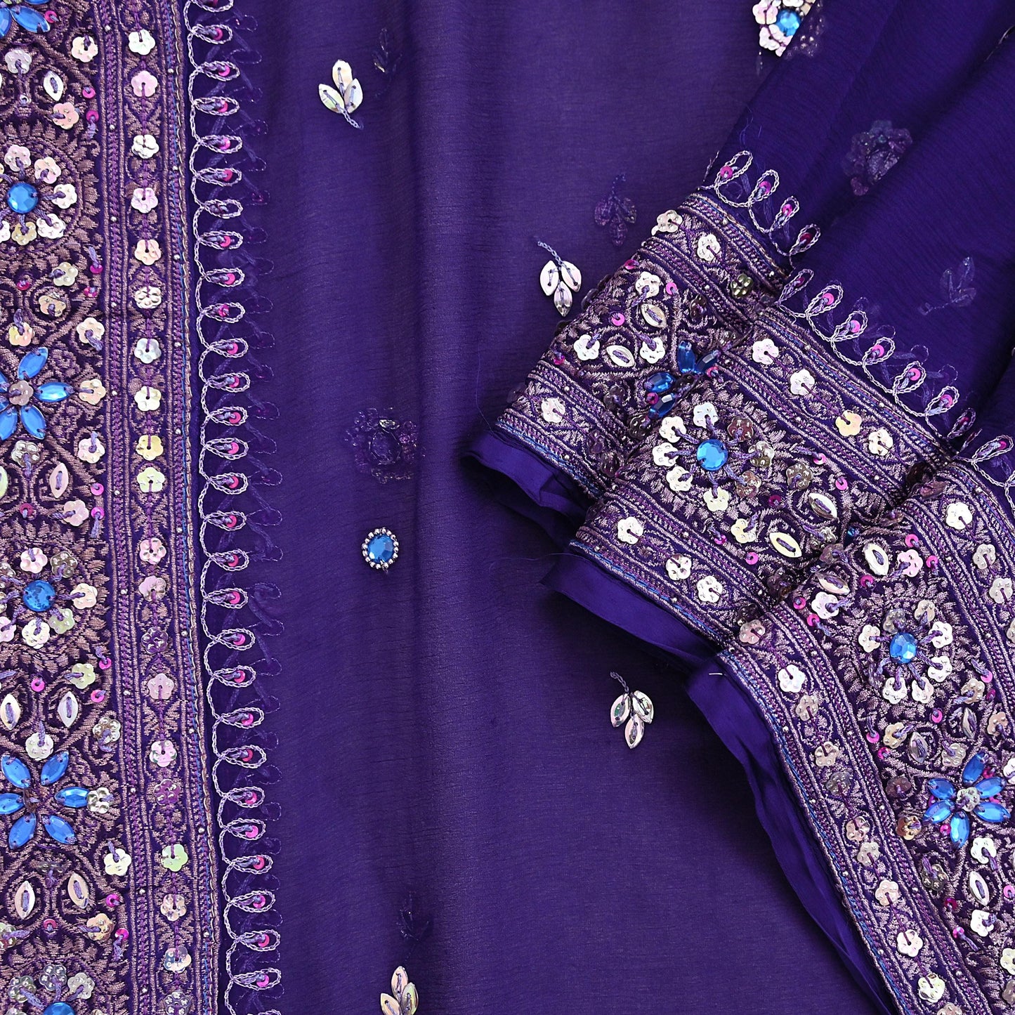 Indian Vintage Blue Dupatta Pure Chiffon silk Long Stole Hand Embroidered Scarves Floral Stole Veil Wrap