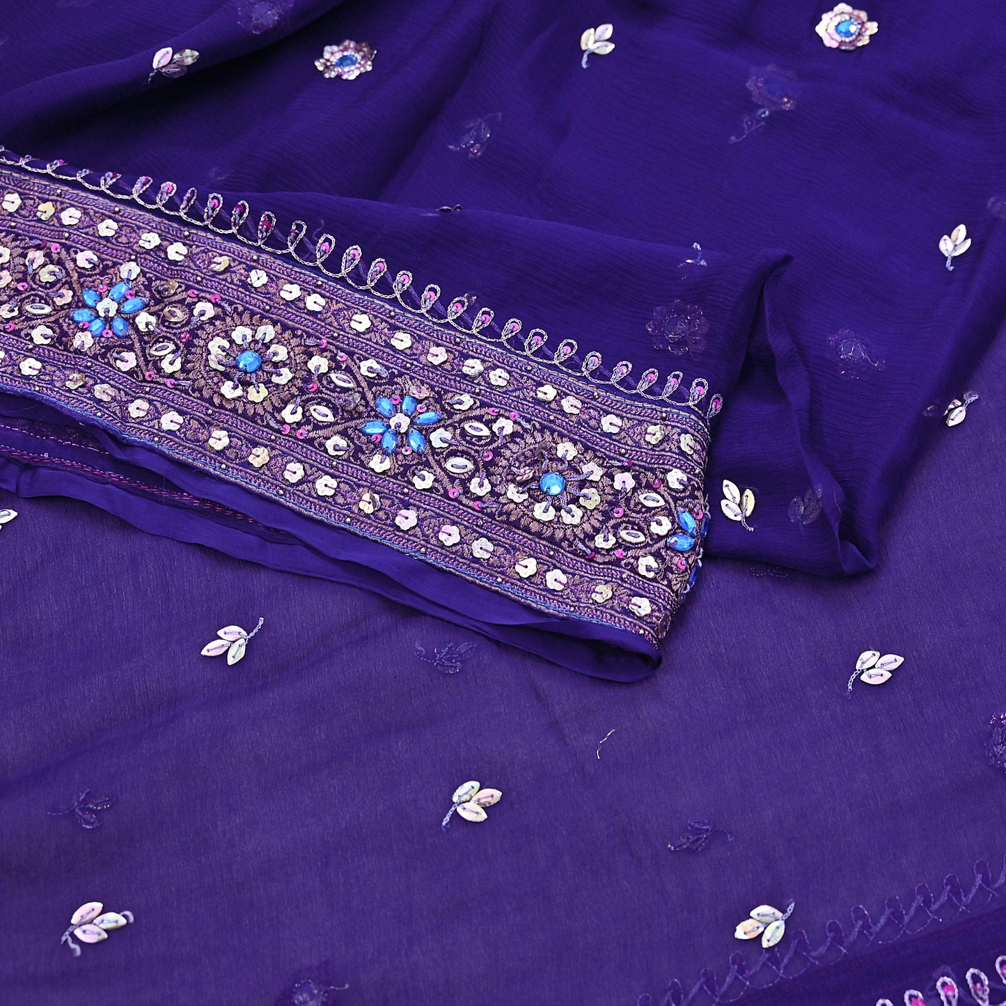 Indian Vintage Blue Dupatta Pure Chiffon silk Long Stole Hand Embroidered Scarves Floral Stole Veil Wrap
