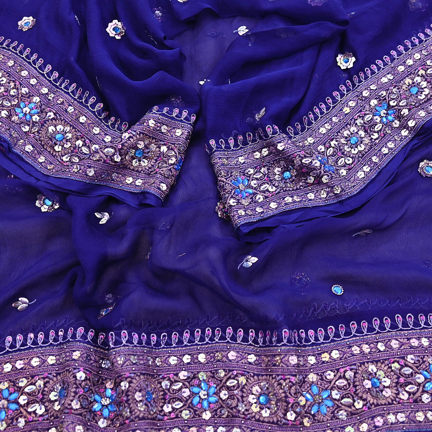 Indian Vintage Blue Dupatta Pure Chiffon silk Long Stole Hand Embroidered Scarves Floral Stole Veil Wrap
