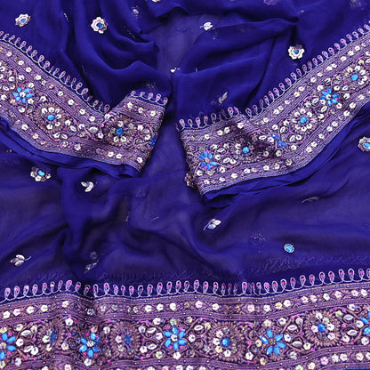 Indian Vintage Blue Dupatta Pure Chiffon silk Long Stole Hand Embroidered Scarves Floral Stole Veil Wrap