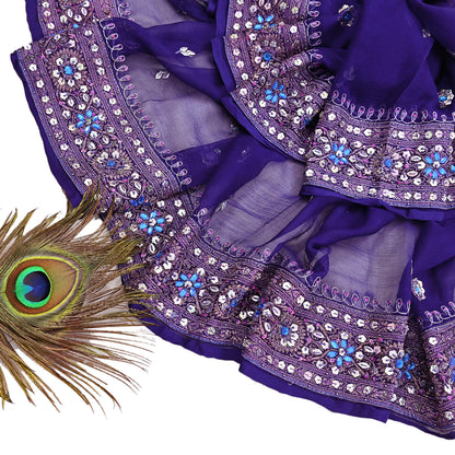Indian Vintage Blue Dupatta Pure Chiffon silk Long Stole Hand Embroidered Scarves Floral Stole Veil Wrap