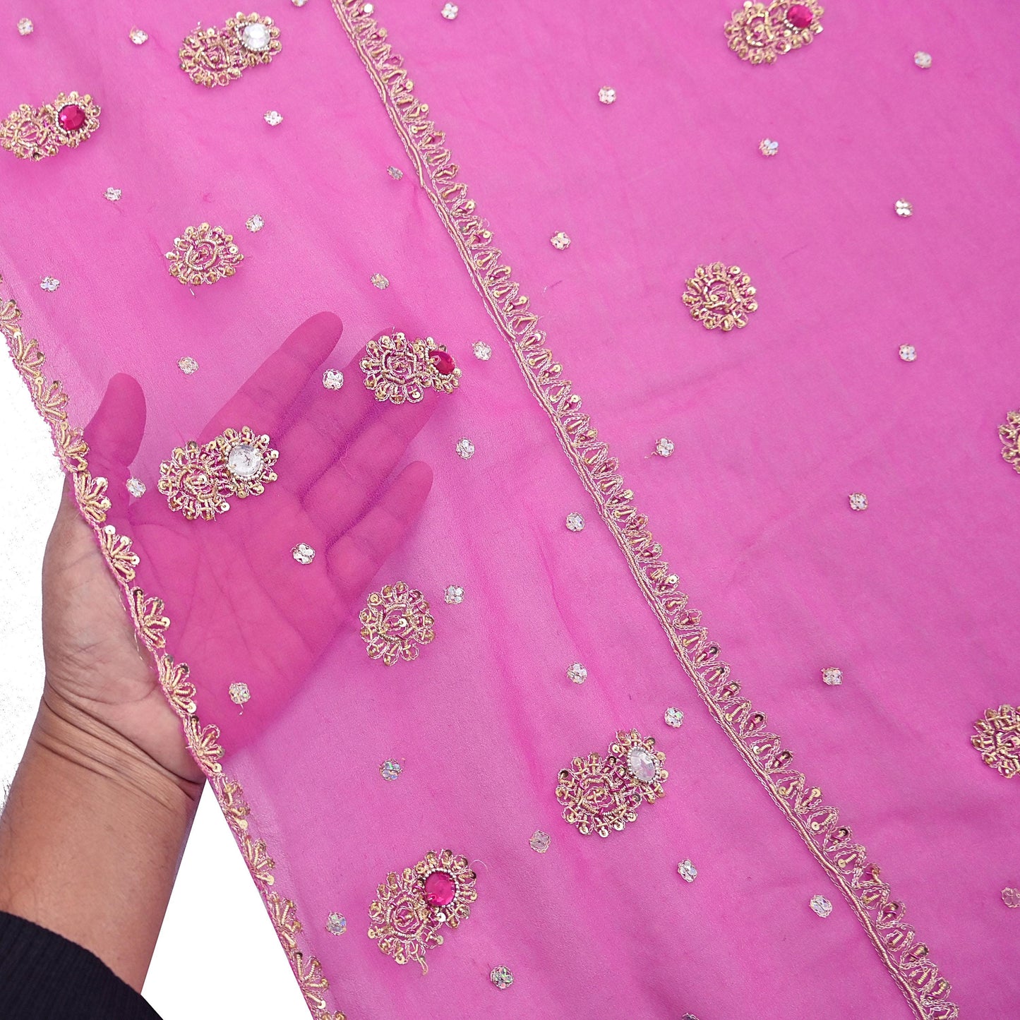 Indian Vintage Pink Dupatta Pure Georgette silk Long Stole Hand Embroidered Scarves Stole Veil Wrap Sequins Dabka/ Zardozi